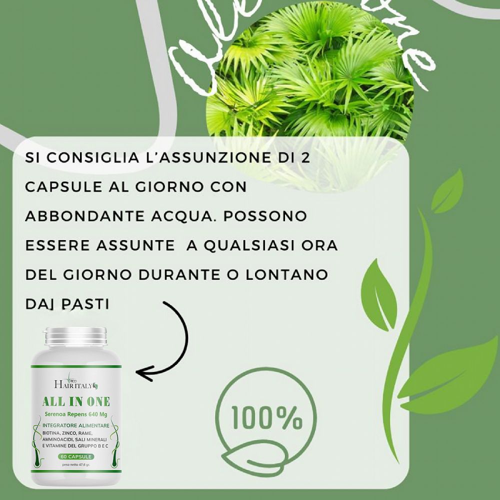 Flacone bianco con etichetta verde. Scritta: Trico Hair Italy, All in One, 60 capsule. Istruzioni e logo 100%.
