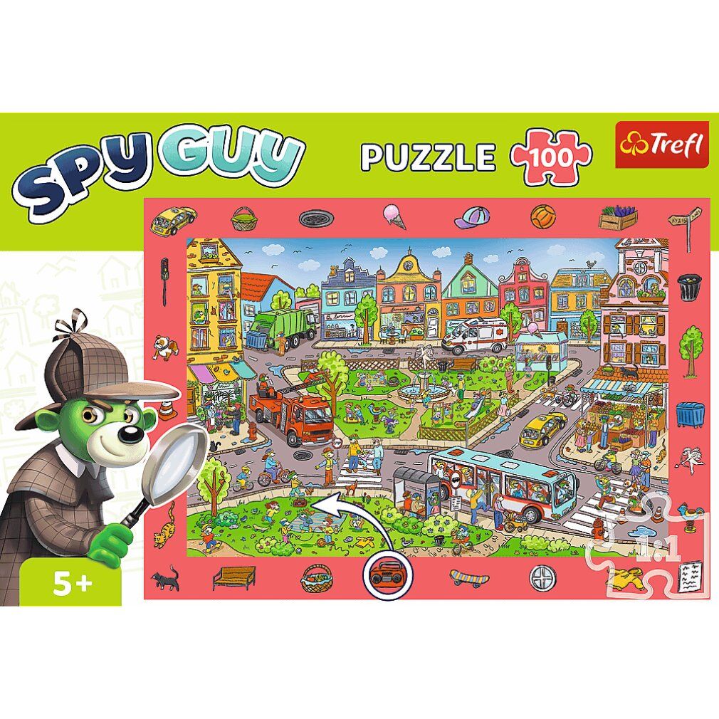 Scatola puzzle Spy Guy. Illustrazione: vista della città con immagine di ricerca. Marchio: Trefl. 100 pezzi. Età consigliata: 5+.