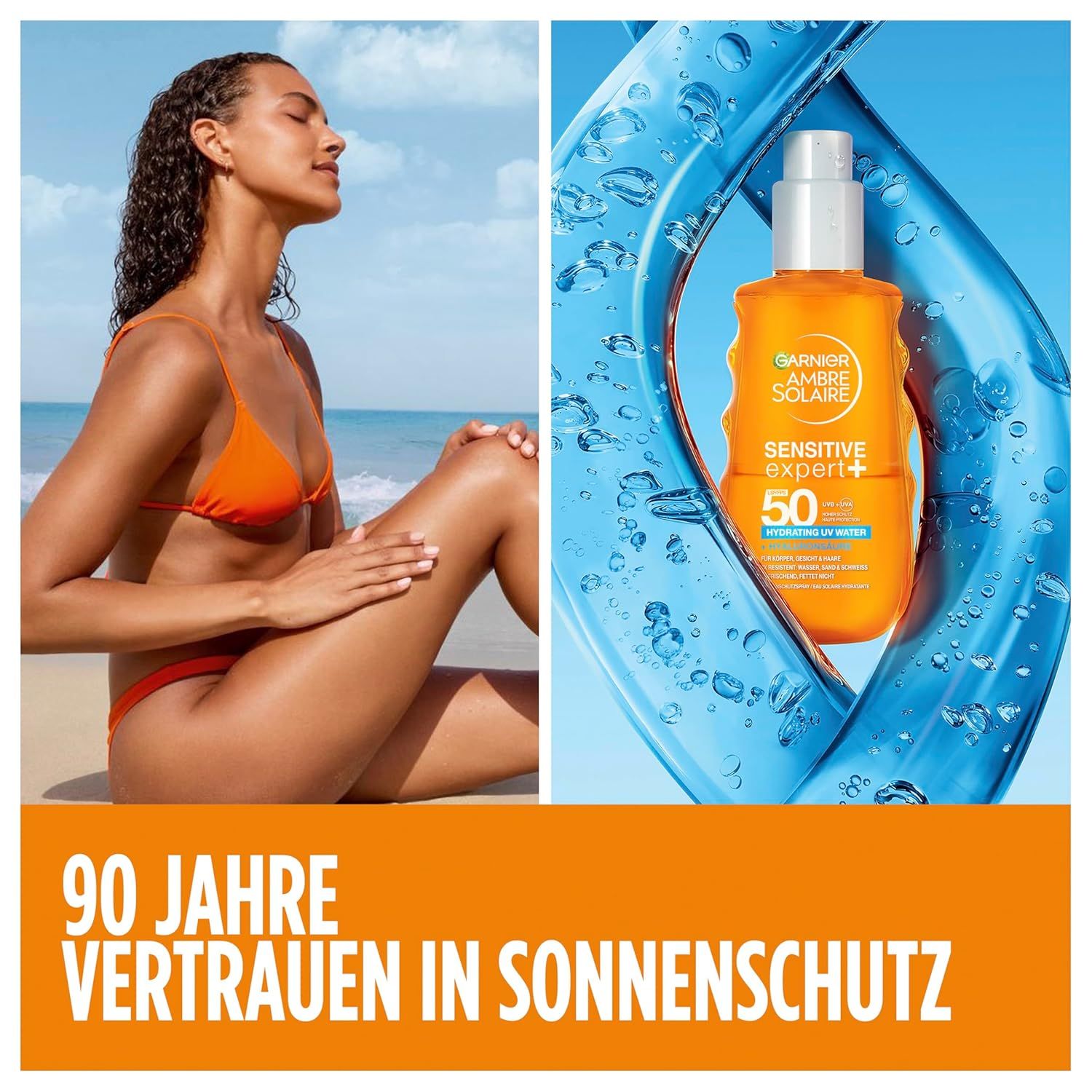 Pubblicità Garnier Ambre Solaire. Donna sulla spiaggia, accanto, flacone del prodotto. Testo: 90 anni di fiducia nella protezione solare.