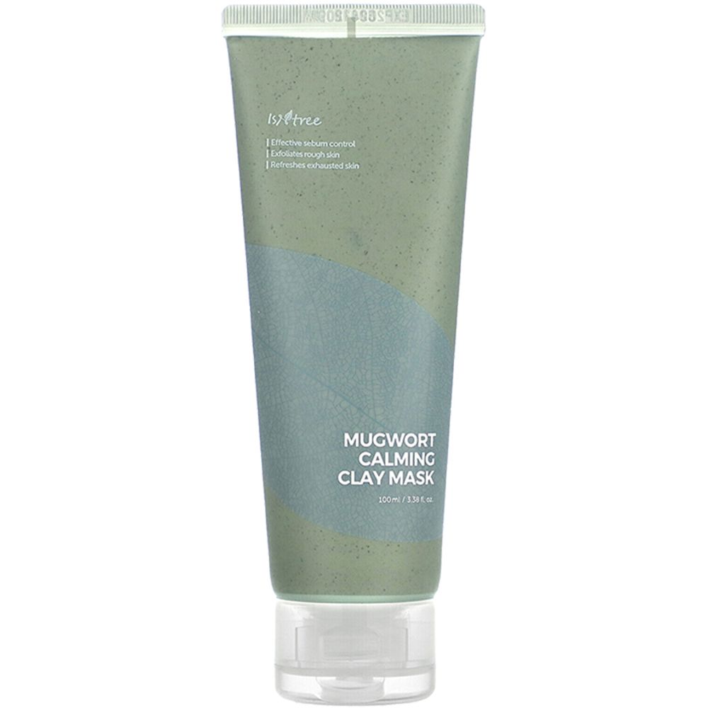 Tubo verde con scritta: Mugwort Calming Clay Mask. Nome del prodotto e marchio visibili. Primo piano.