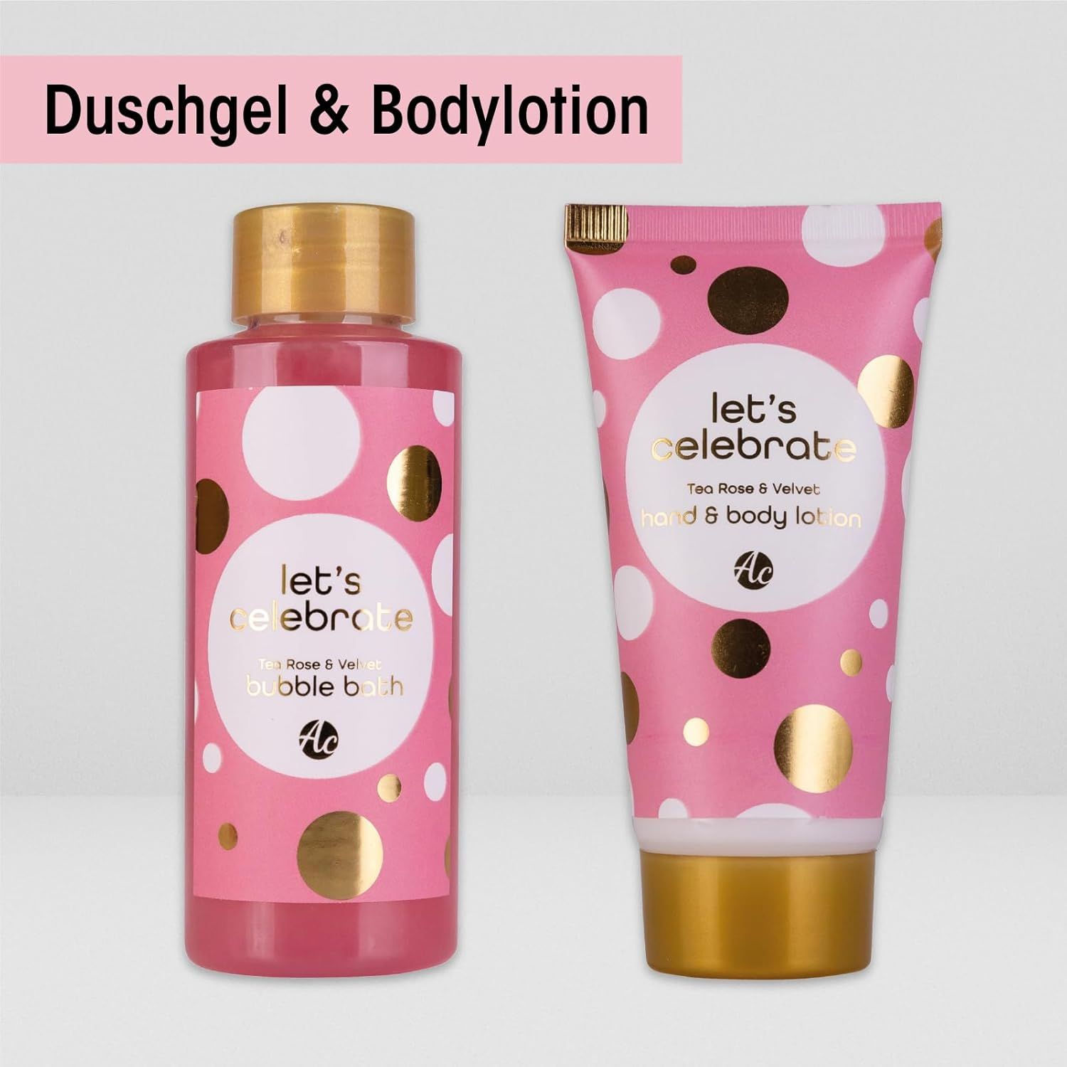 Due prodotti con confezione rosa e pois bianchi e dorati. Scritta: Let's Celebrate. Prodotti: bagno schiuma e lozione mani e corpo.