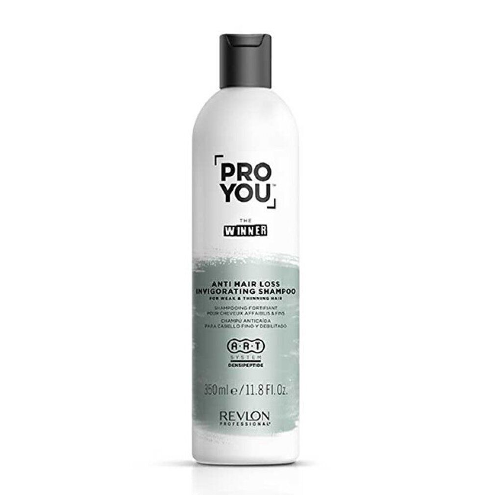 Flacone di shampoo bianco, tappo nero. Scritta: PRO YOU, shampoo anticaduta. 350ml/11.8 Fl.Oz. Revlon Professional.