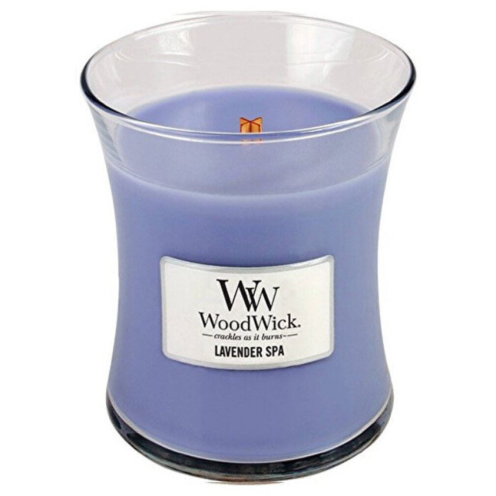 Candela a forma di clessidra. Fragranza Lavender Spa. Contenitore in vetro con stoppino in legno. Marchio WoodWick.