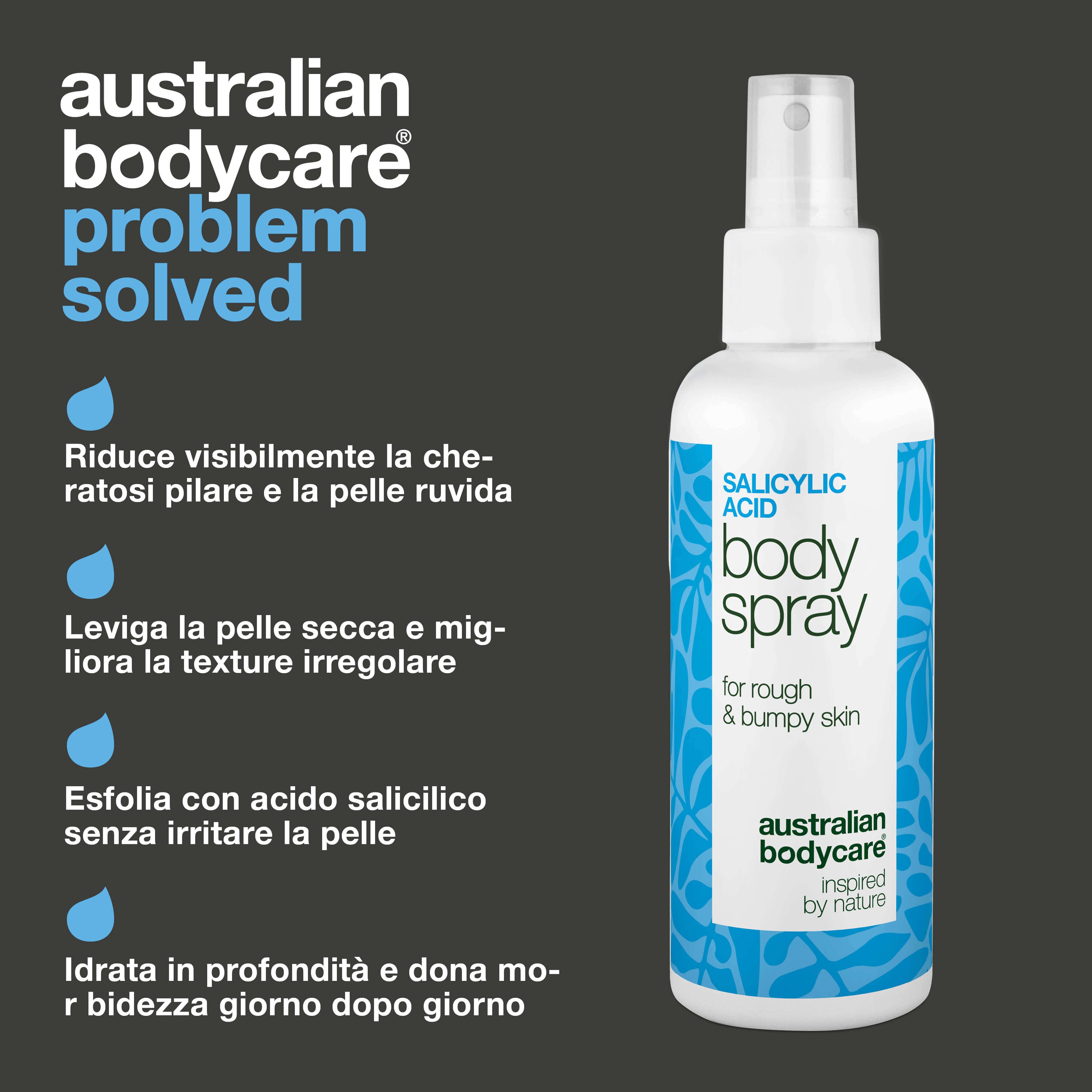 Spray con testo: Salicilico Body Spray, Australian Bodycare. Testo sui vantaggi.