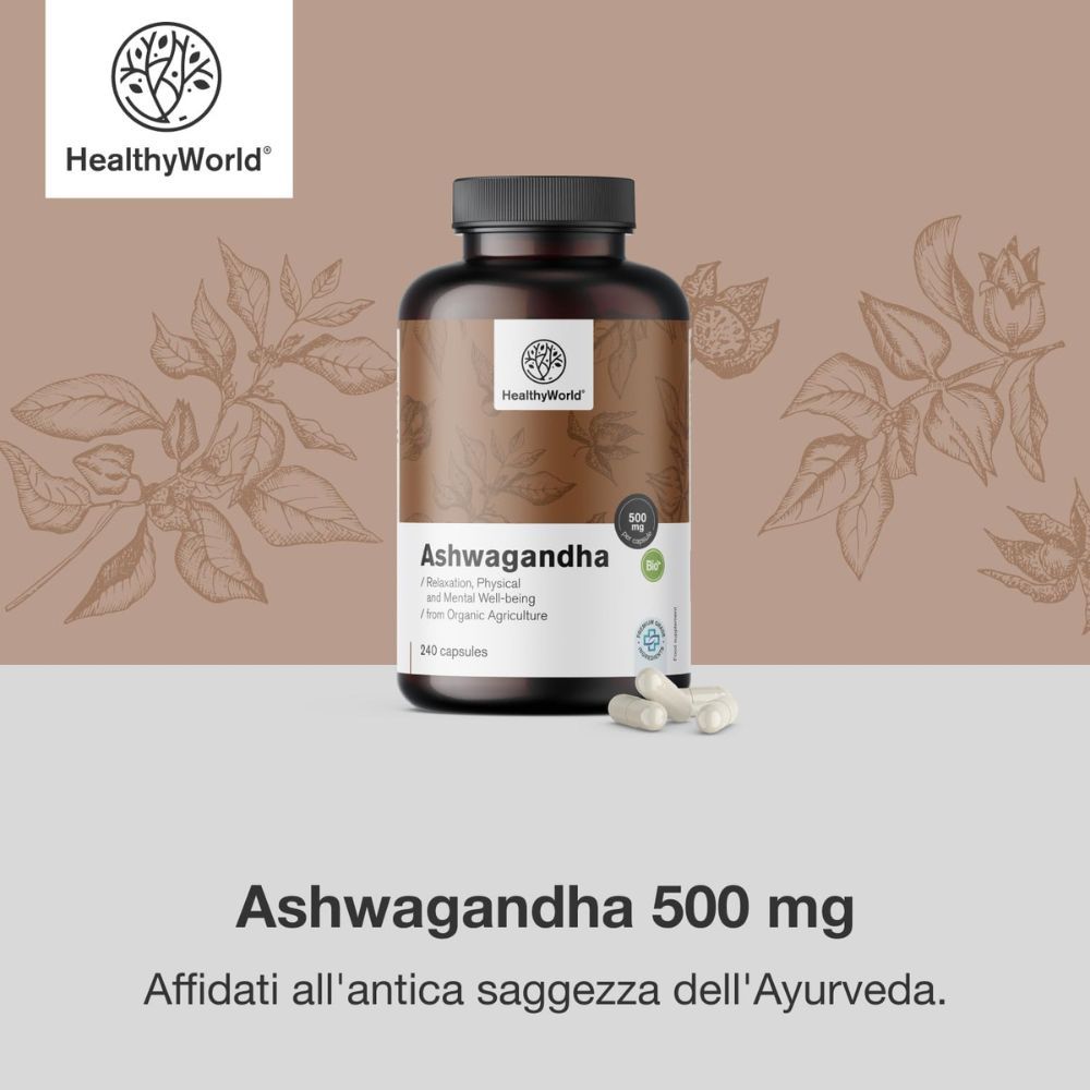 Flacone Ashwagandha, 500 mg, 240 capsule. Testo: Affidati all'antica saggezza dell'Ayurveda.