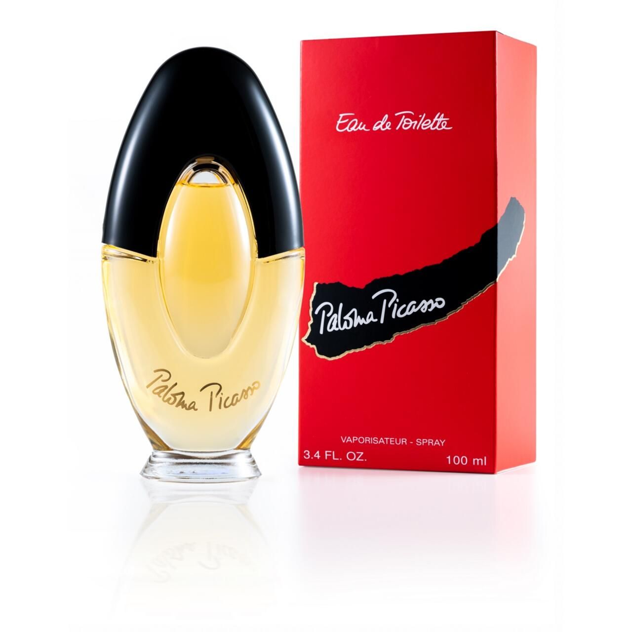 Flacone di profumo e confezione rossa. Flacone ovale, tappo nero. Scritta: Paloma Picasso. Confezione: Eau de Toilette.