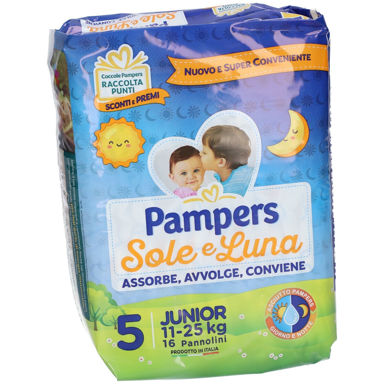 Confezione di pannolini Pampers Sole e Luna Junior. Taglia 5, 16 pannolini. Confezione con illustrazioni di sole e luna.