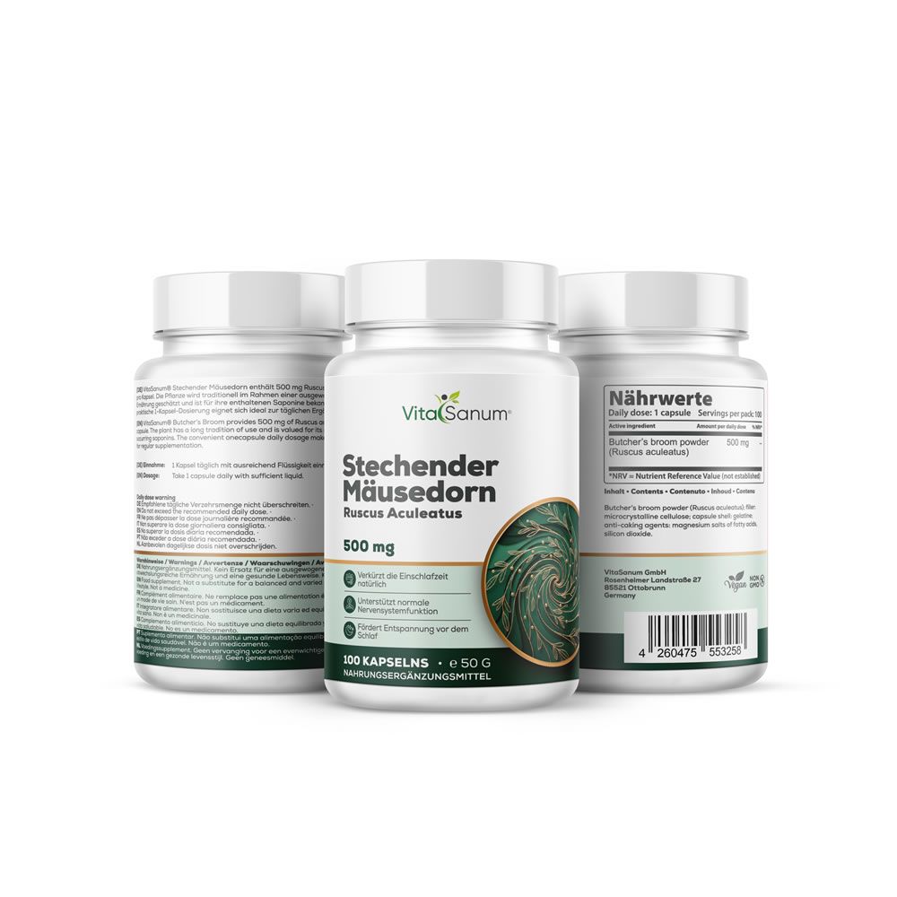 Tre flaconi bianchi VitaSanum®. Etichette: Stechender Mäusedorn, Ruscus aculeatus, 500 mg, 100 capsule.