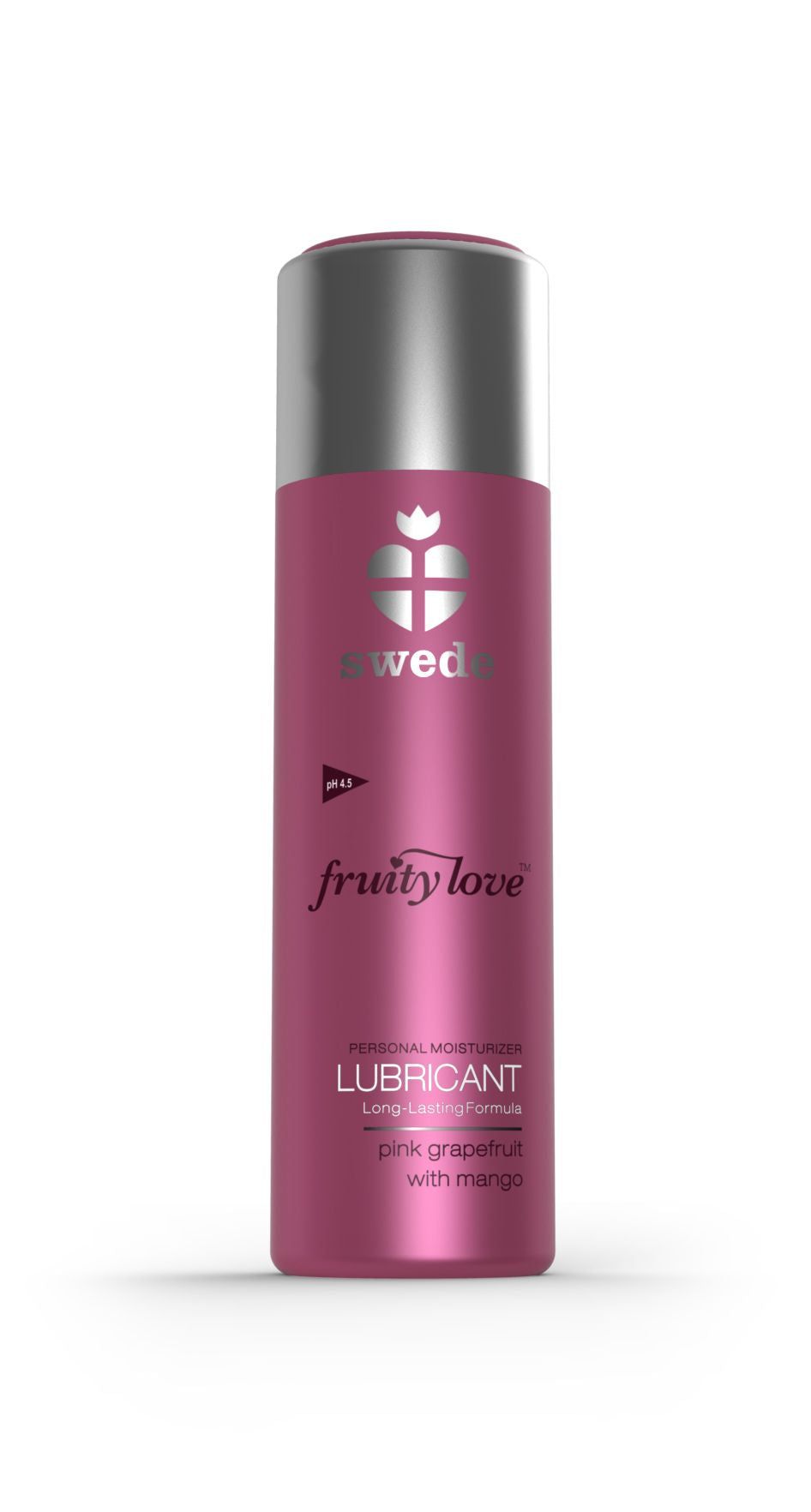 Flacone rosa con tappo argentato. Scritta: Swede, Fruity Love, Lubricant, Pink Grapefruit with Mango.