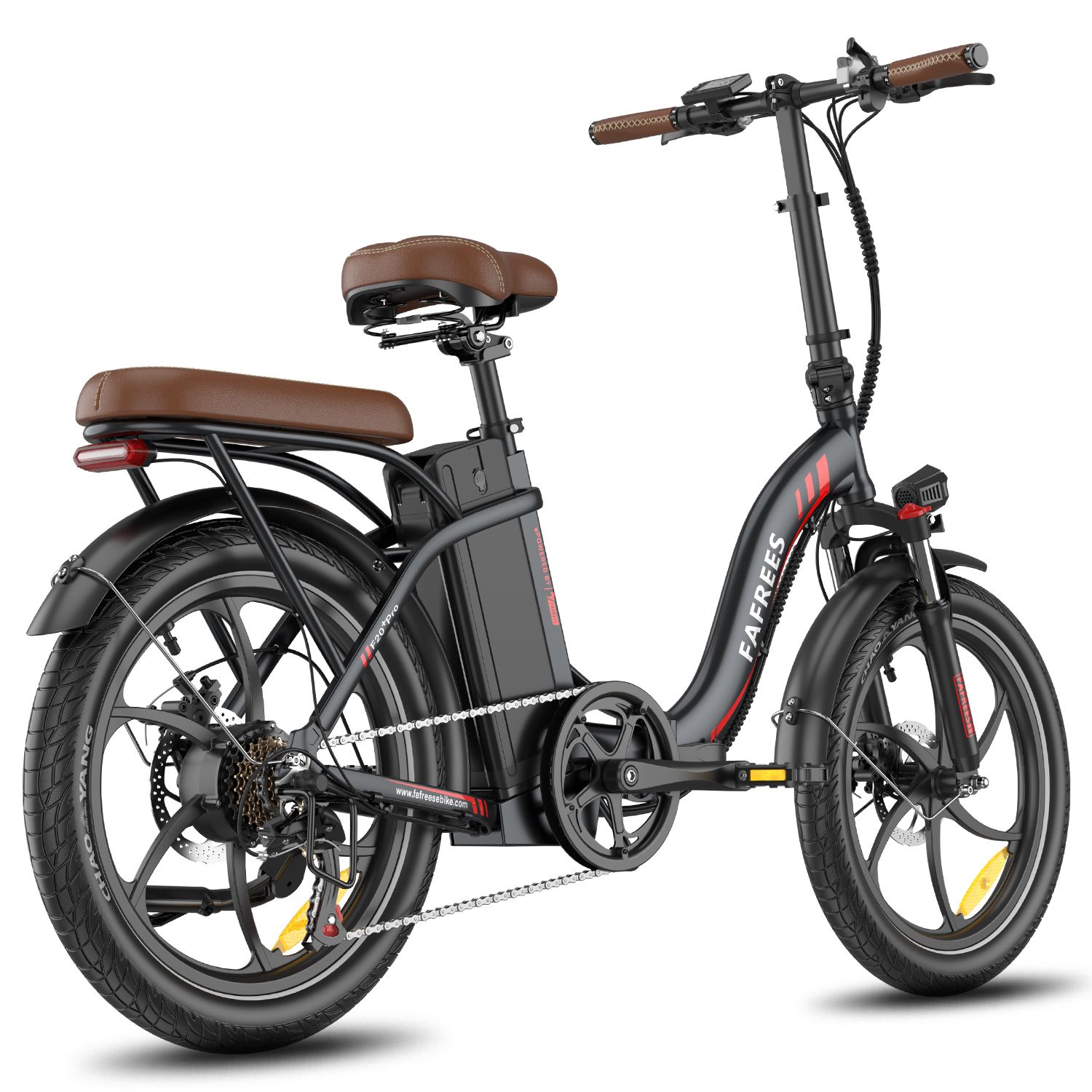 E-bike pieghevole, nero con sella marrone. Marchio Fafrees. Dettagli visibili: ruote, batteria, parafanghi, portapacchi.