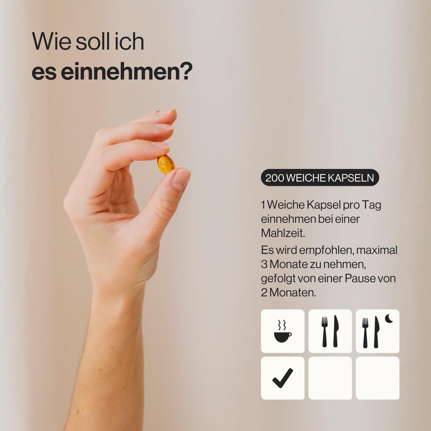 Mano che tiene una softgel gialla. Testo: 200 capsule. Raccomandazioni d'uso con simboli.