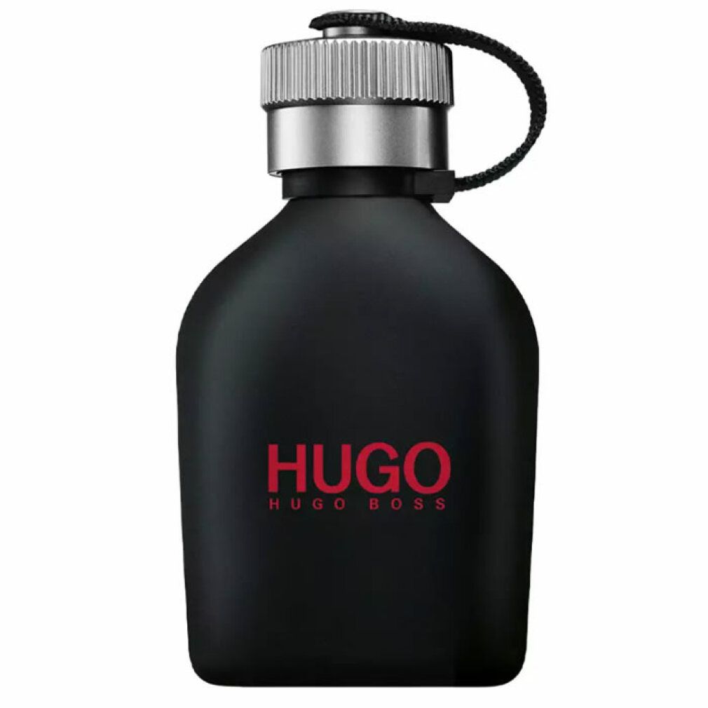 Flacone nero con tappo argentato e cinturino. Scritta rossa HUGO.