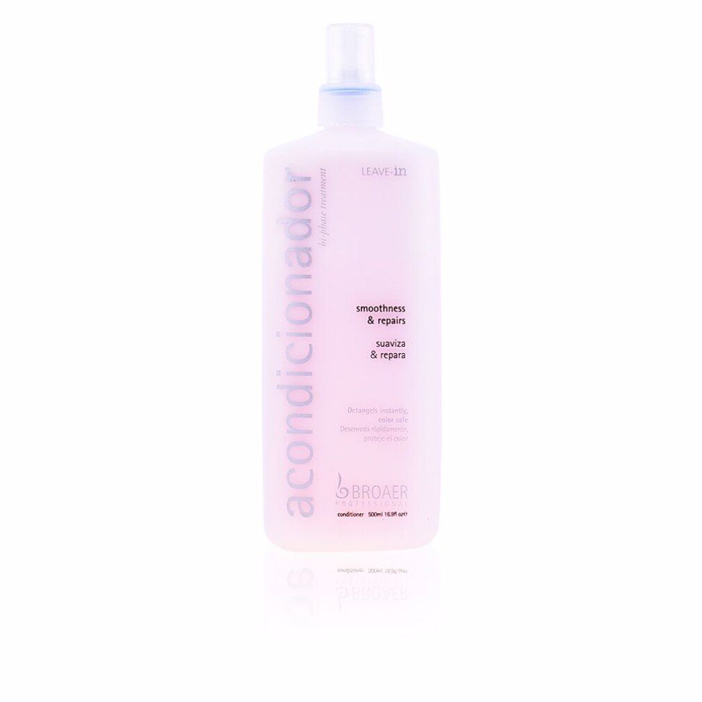 Flacone rosa con vaporizzatore. Scritta: acondicionador, smoothness & repairs, BROAER. Nome del prodotto non incluso.