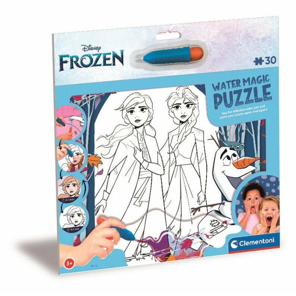 Confezione puzzle Disney Frozen Water Magic. Include penna. Stampa: Elsa, Anna, Olaf. 30 pezzi. Clementoni.