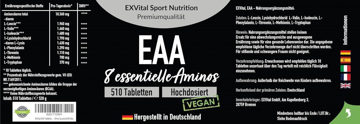 Etichetta EXVital EAA 8 aminoacidi essenziali, 510 compresse, alta dose, vegano. Prodotto in Germania. Valori nutrizionali.