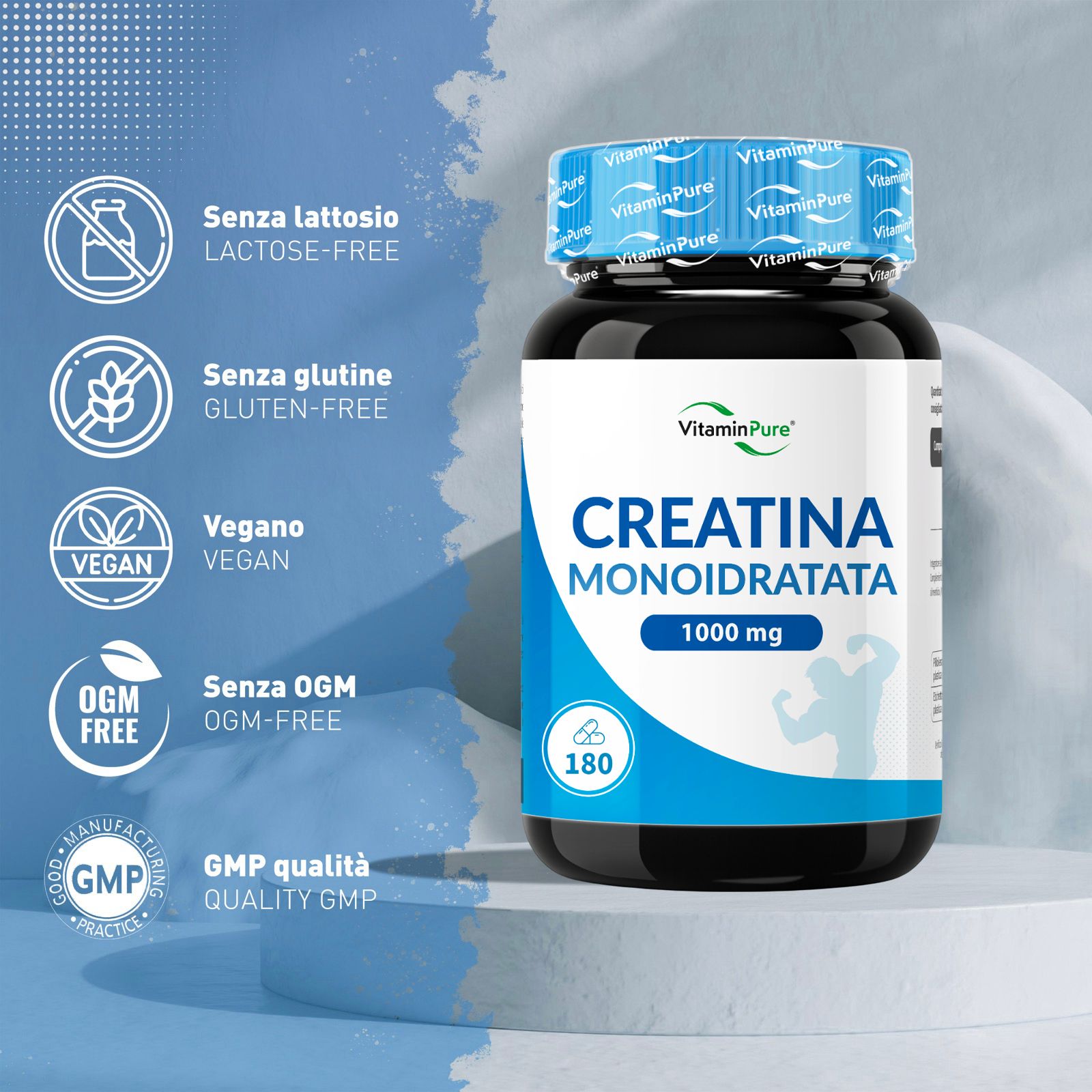 Flacone Creatina Monoidrata, 1000 mg, 180 compresse. Senza lattosio, senza glutine, vegano, senza OGM, qualità GMP.
