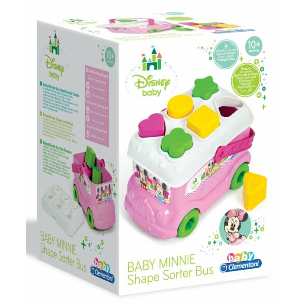 Autobus giocattolo rosa con forme. La confezione mostra autobus, forme e Minnie Mouse. Scritta: Baby Minnie Shape Sorter Bus. Età consigliata: 10+ mesi.