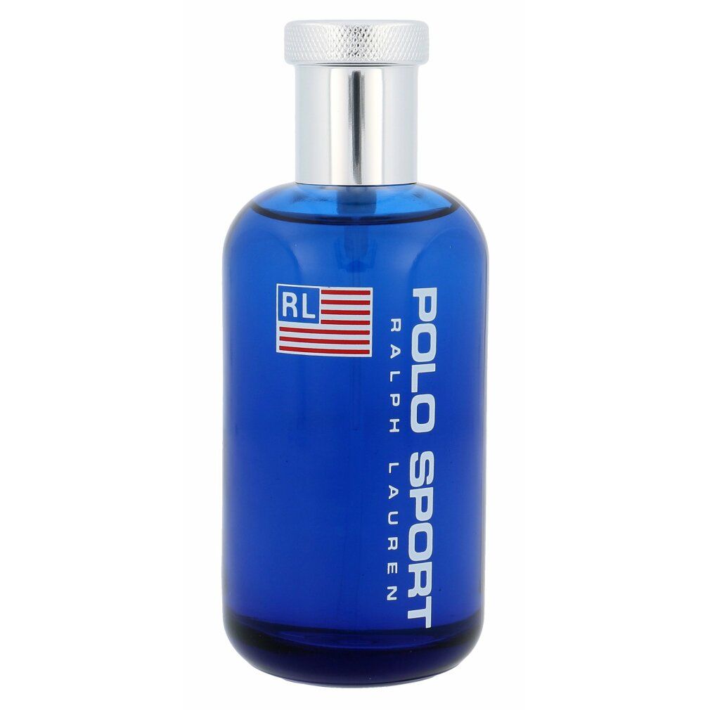 Flacone di profumo blu con tappo argentato. Scritta Polo Sport Ralph Lauren. Logo bandiera USA.