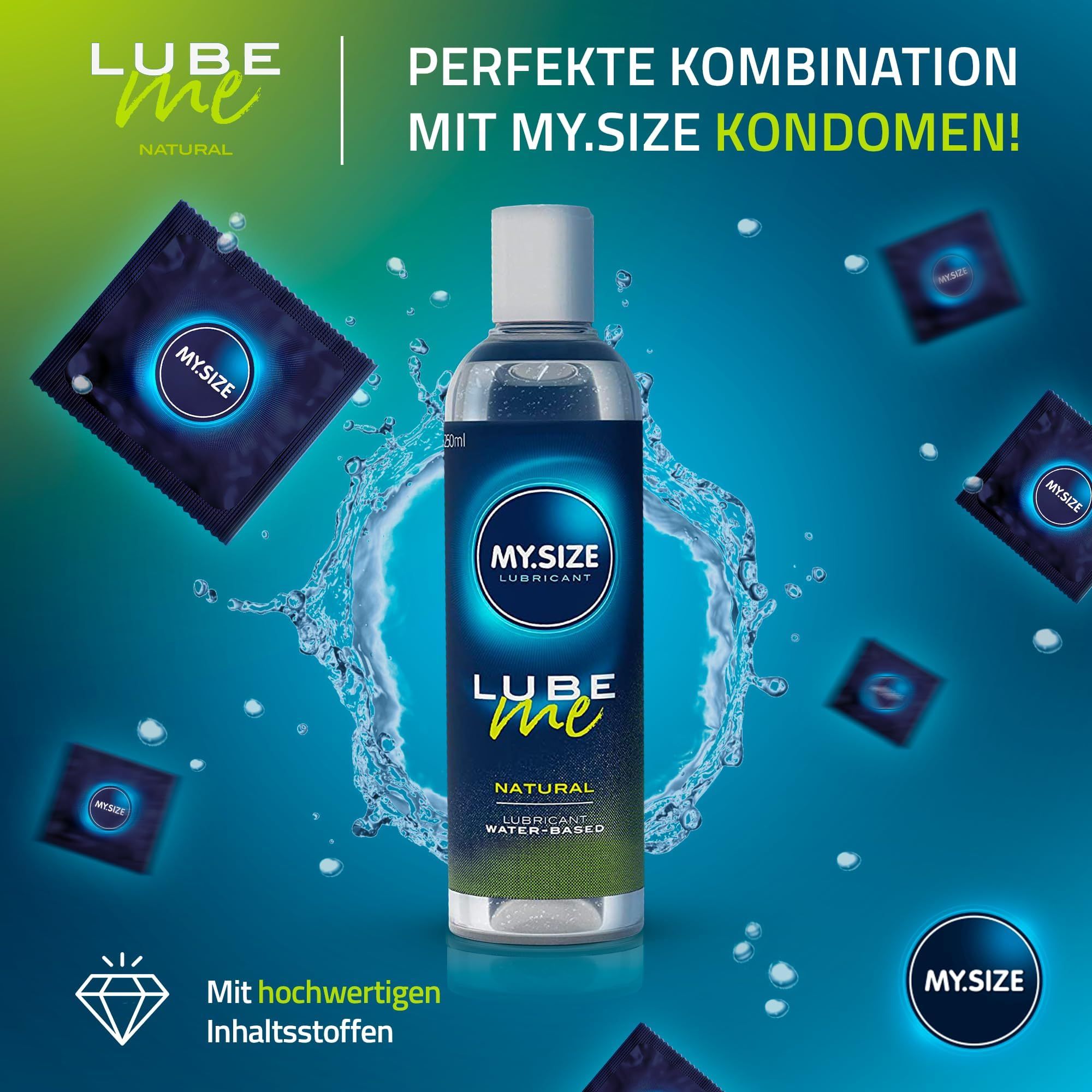 MY.SIZE LUBE ME NATURAL Lubrificante, flacone da 250ml, con icone per la delicatezza sulla pelle e base acquosa.