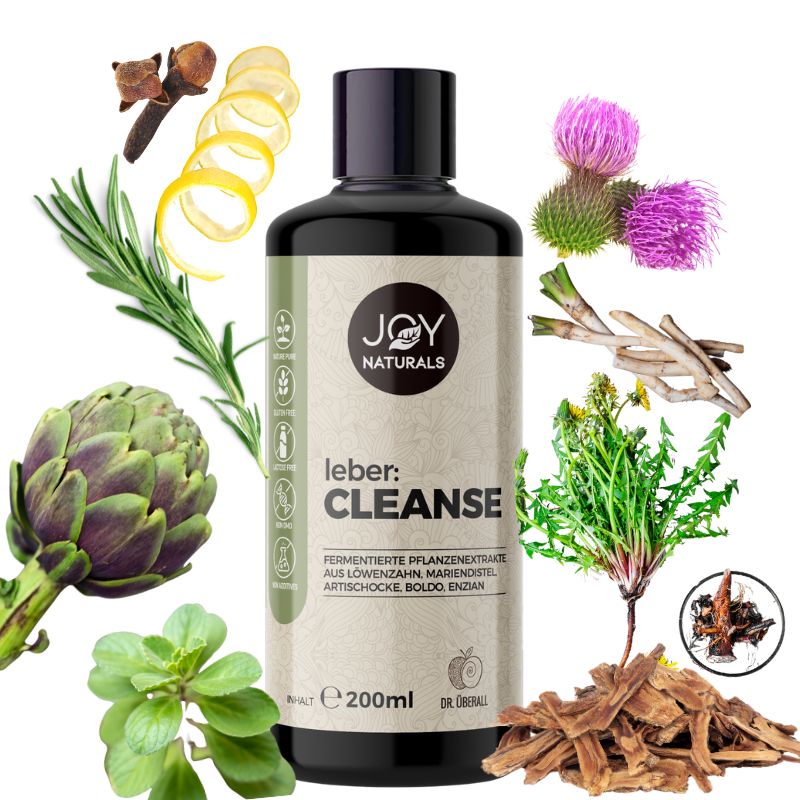 Flacone marrone con tappo nero, circondato da erbe e ingredienti. Etichetta con nome del prodotto e logo.