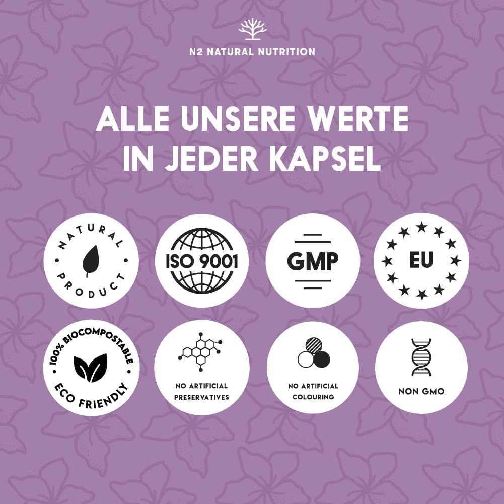 Sette marchi di qualità: Natural Product, ISO 9001, GMP, EU, 100% Biocompostabile, Senza conservanti artificiali, Senza coloranti, Non OGM.