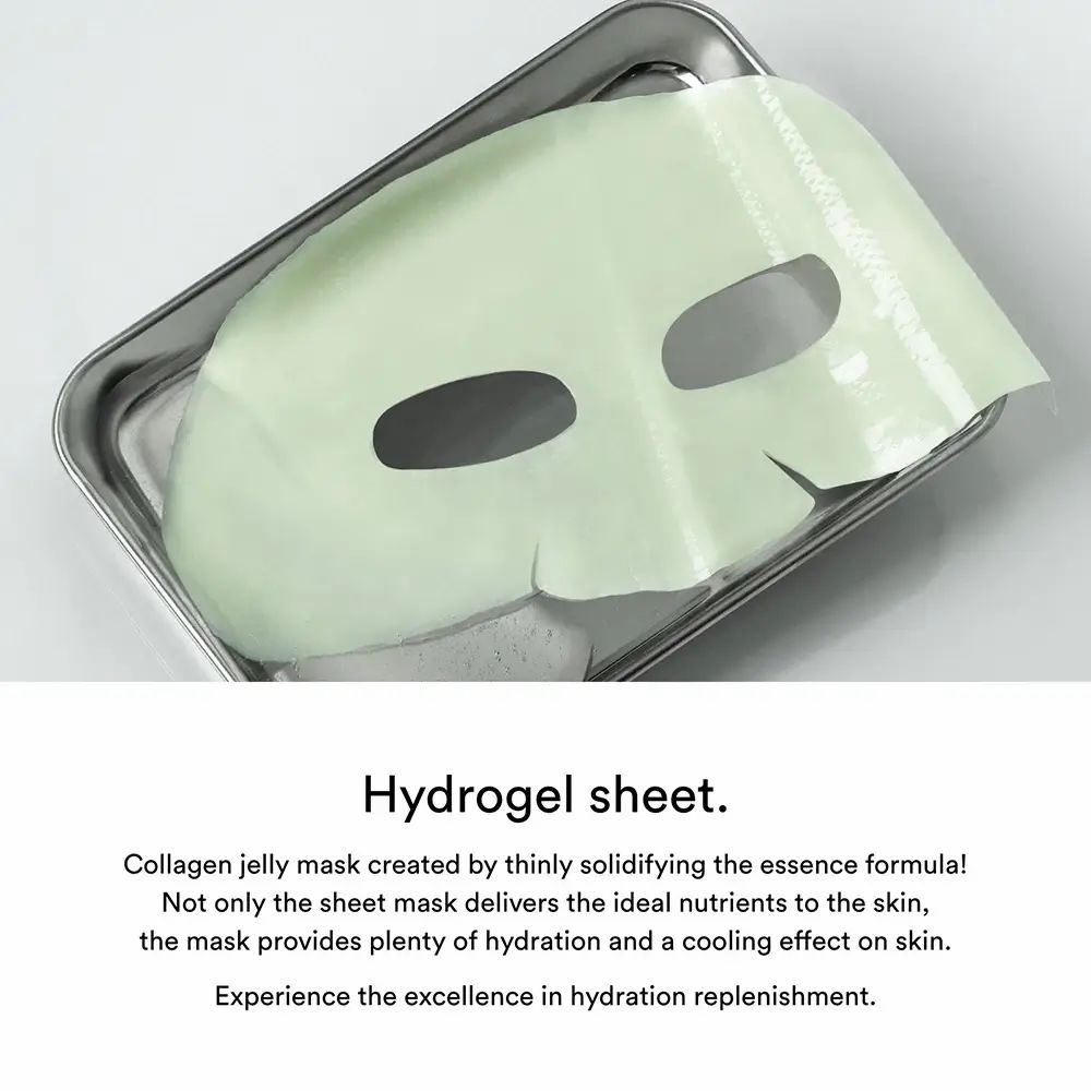 Abib Collagen Gel Mask Heartleaf Jelly su un vassoio metallico.