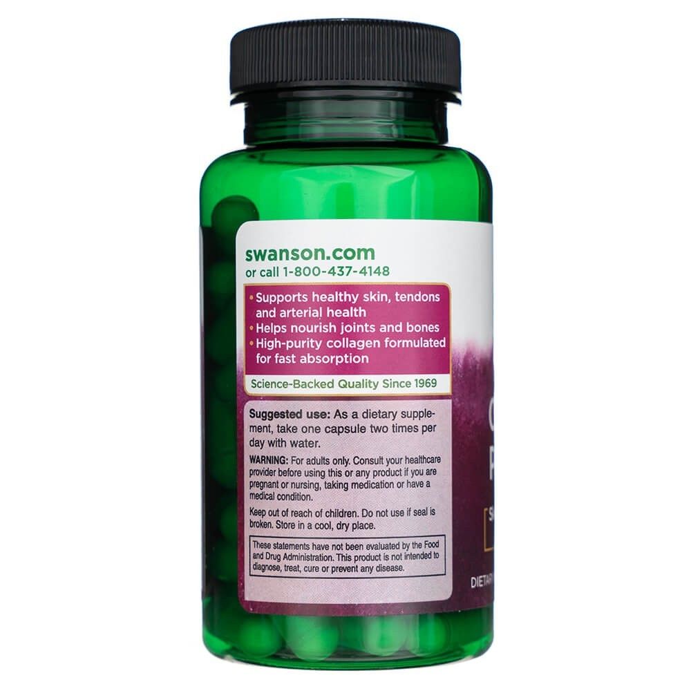 Retro di un flacone verde di peptidi di collagene marino SWANSON con istruzioni per l'uso.