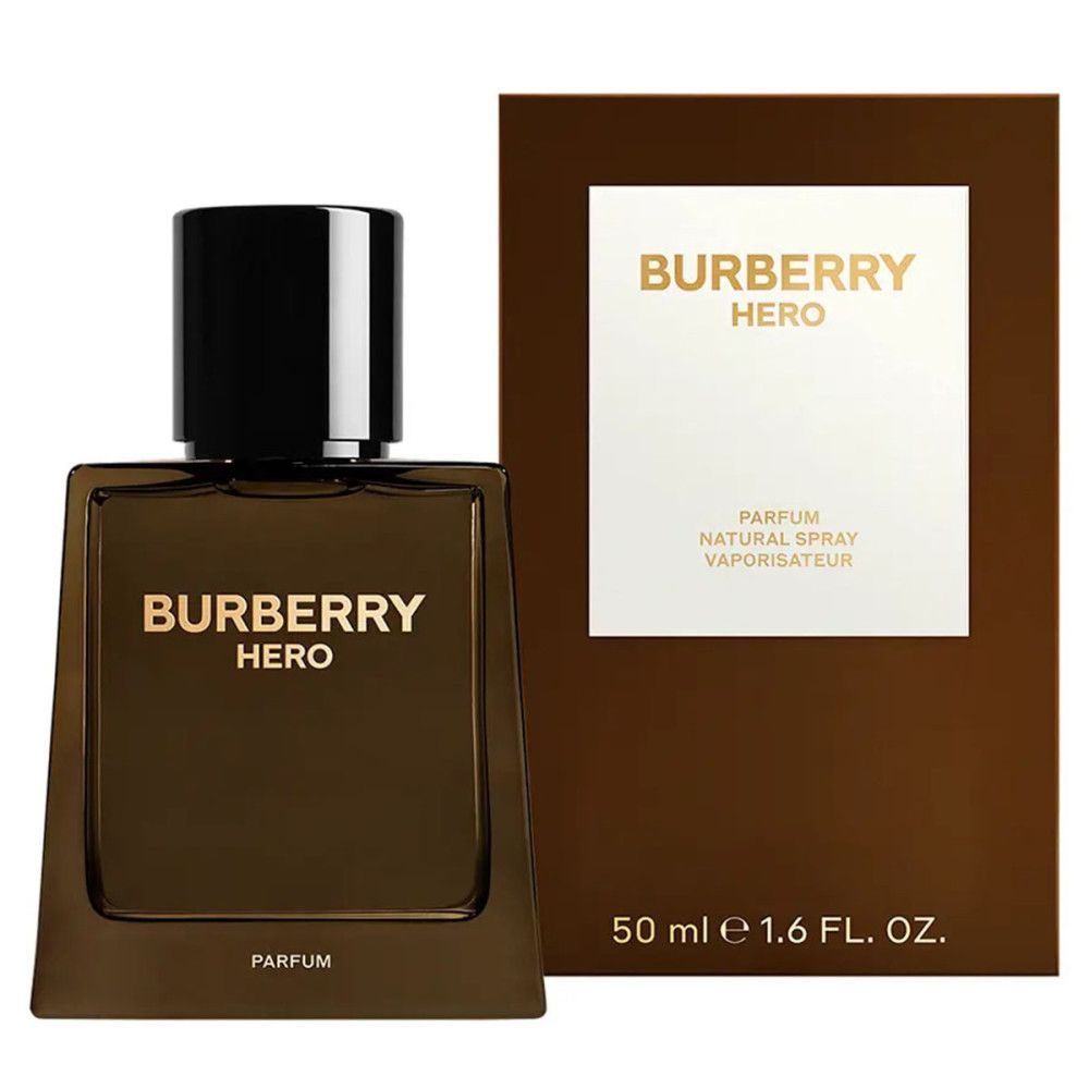 Flacone di profumo Burberry Hero e confezione. Bottiglia marrone con tappo nero. Confezione con logo e testo.