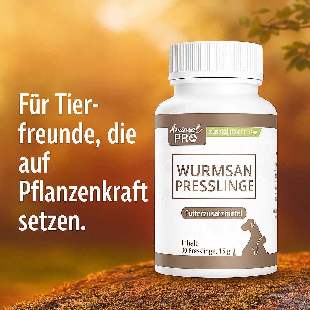 Flacone bianco con etichetta marrone. Scritta: Animal Pro, Wurmsan Presslinge, integratore alimentare. Testo: Per gli amici degli animali.