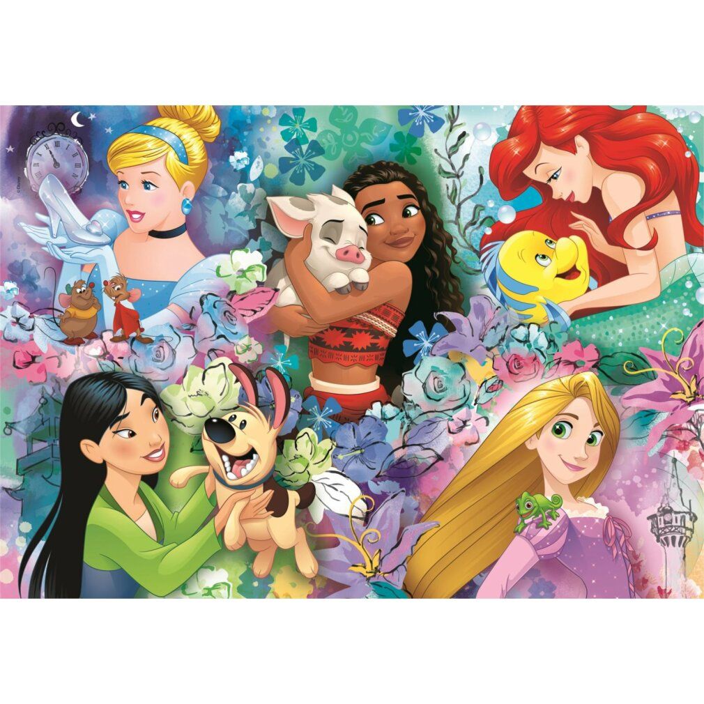 Puzzle con Principesse Disney, 60 pezzi. Illustrazioni di Cenerentola, Mulan, Moana, Ariel, Rapunzel. Sfondo floreale.