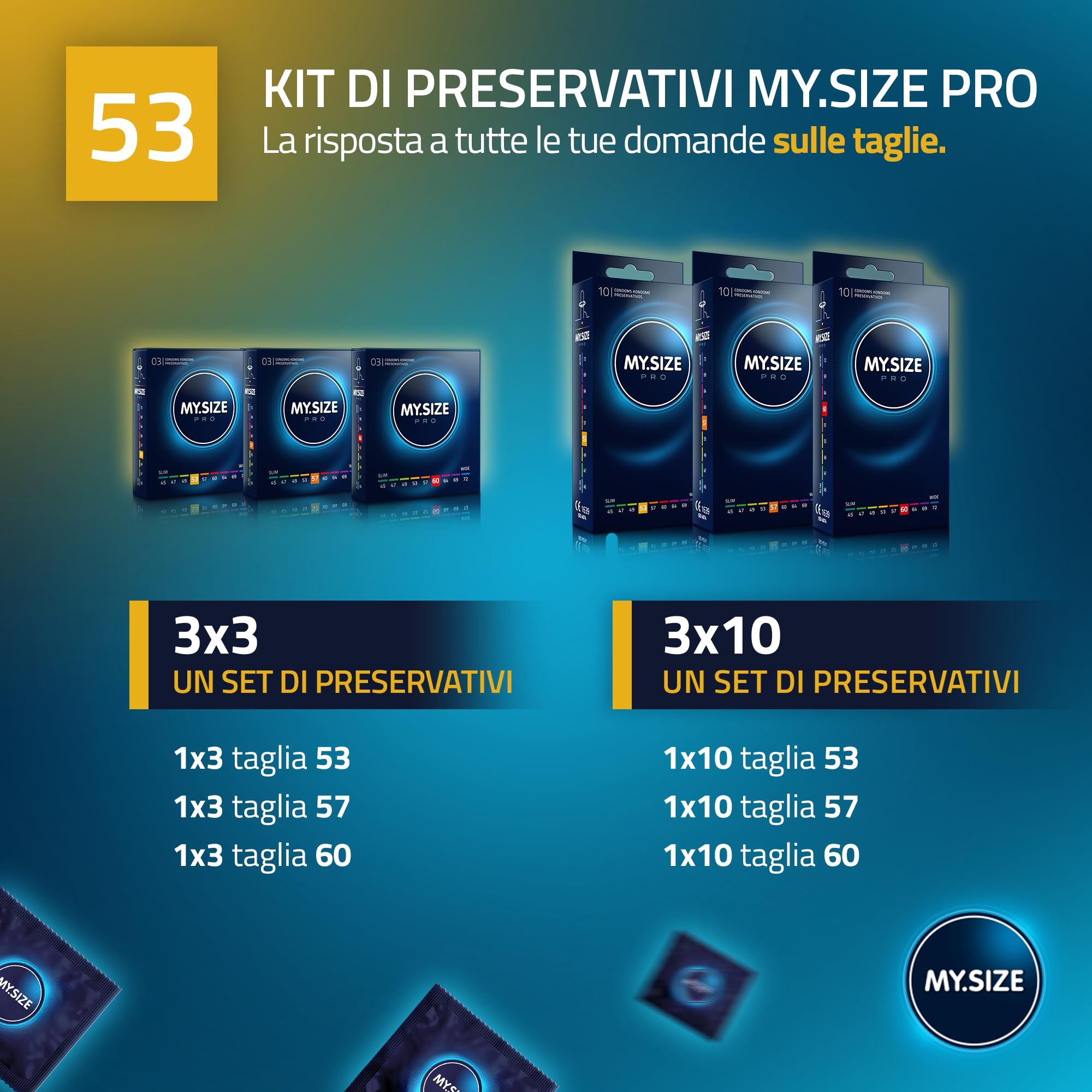 Confezioni di preservativi My.Size PRO in diverse misure.