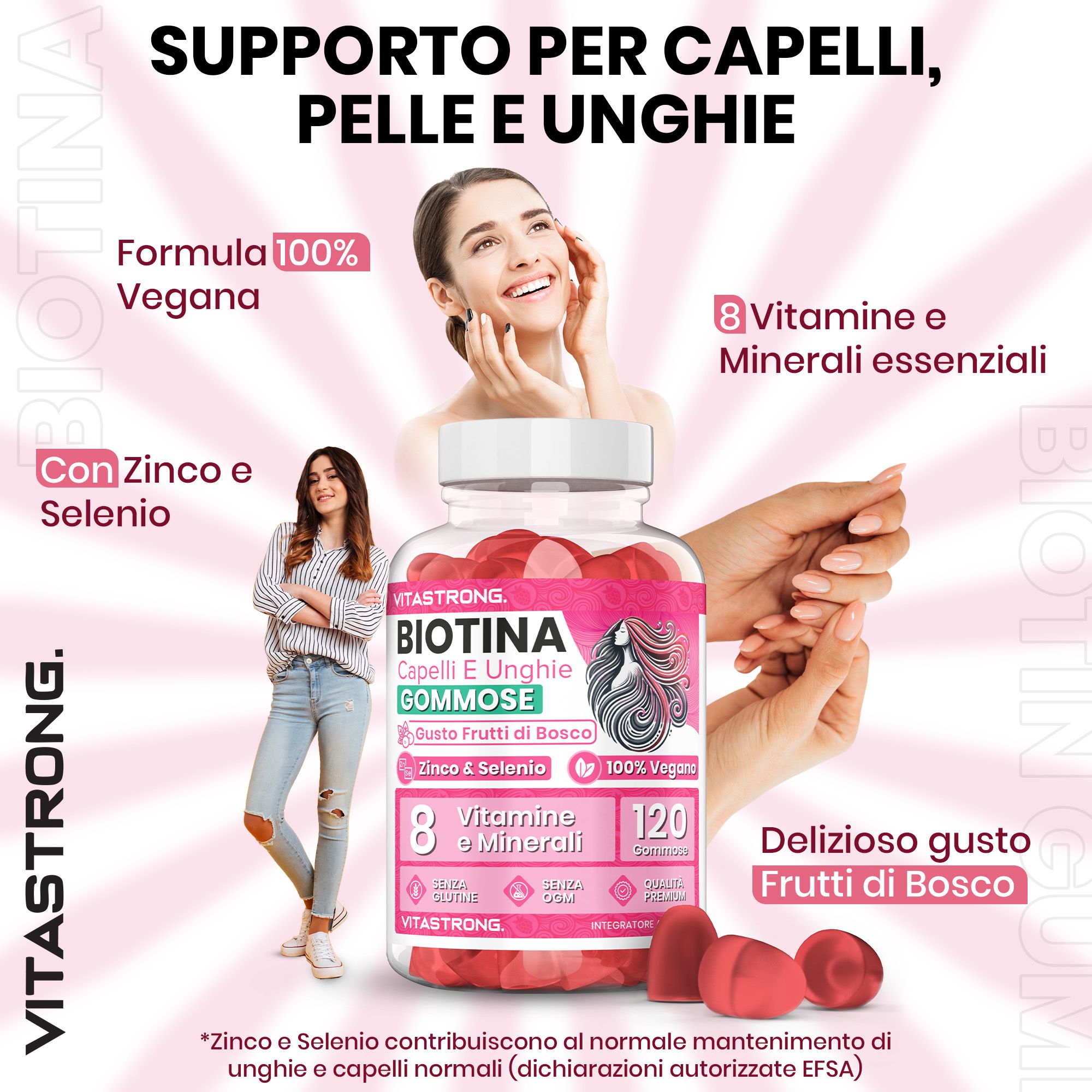 Gommosi in bottiglia. Supporta capelli, pelle e unghie. Contiene biotina, zinco, selenio, 8 vitamine. 120 gommosi.