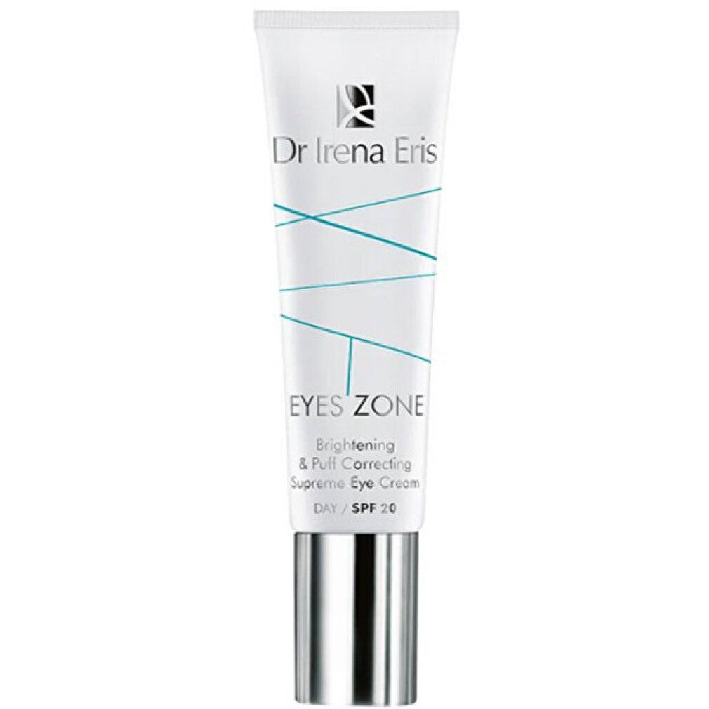 Tubo di crema con tappo argentato. Scritta: Dr Irena Eris, Eyes Zone, Brightening & Puff Correcting Supreme Eye Cream SPF 20.