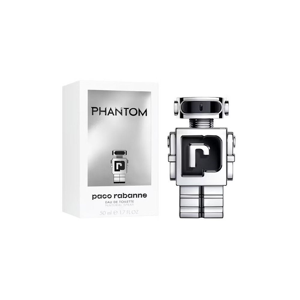 Flacone argentato a forma di robot e confezione. Scritta "Phantom" e "paco rabanne".