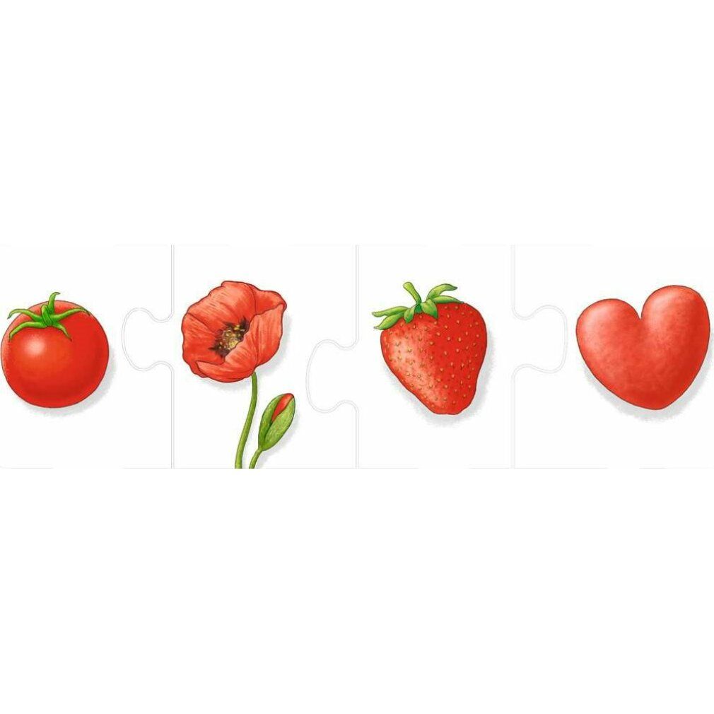 Quattro pezzi di puzzle rossi: pomodoro, papavero, fragola e cuore. Parte del set di puzzle 'my first color puzzles'.