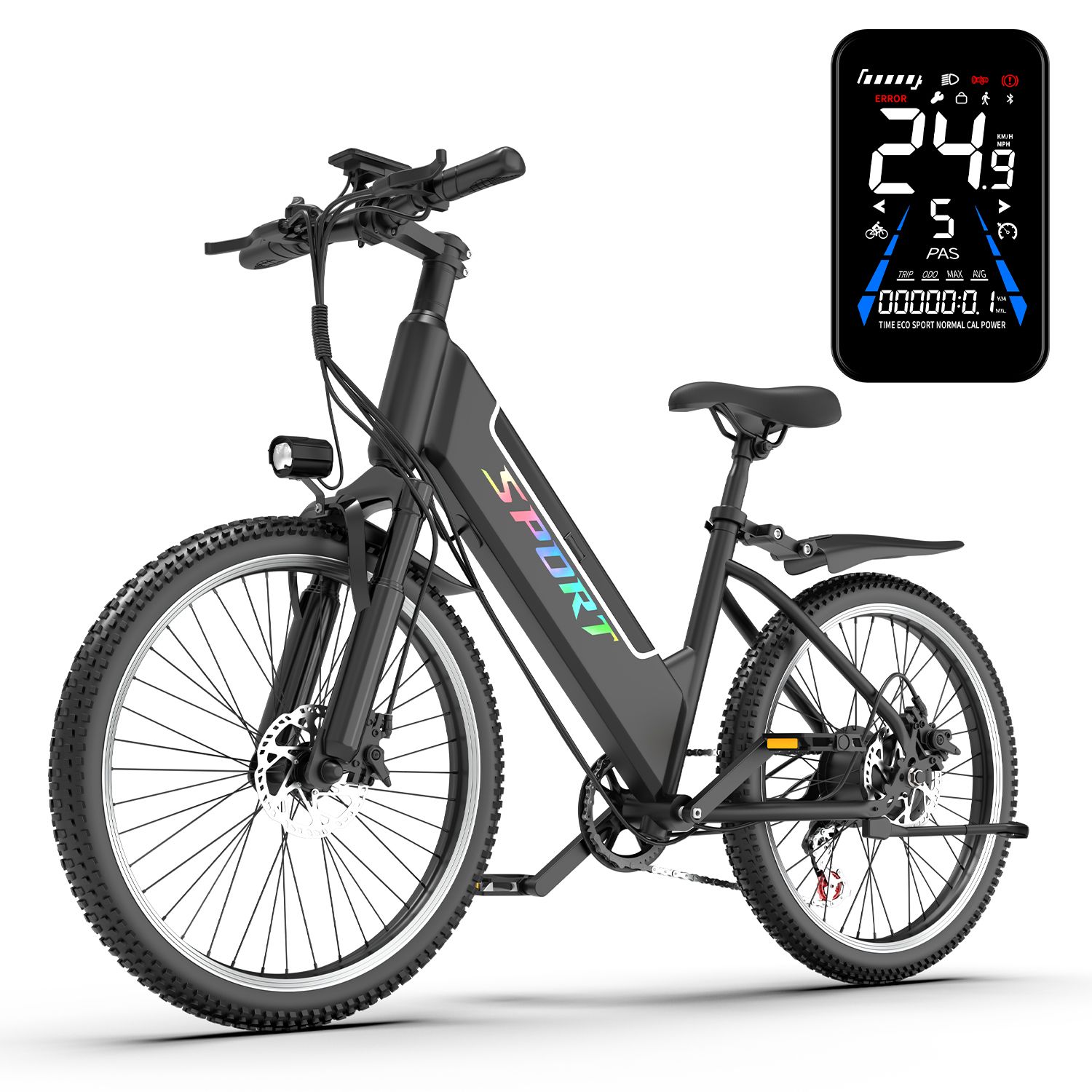 Bicicletta elettrica nera con display digitale. Mostra velocità, batteria e altre informazioni. Pneumatici tassellati.