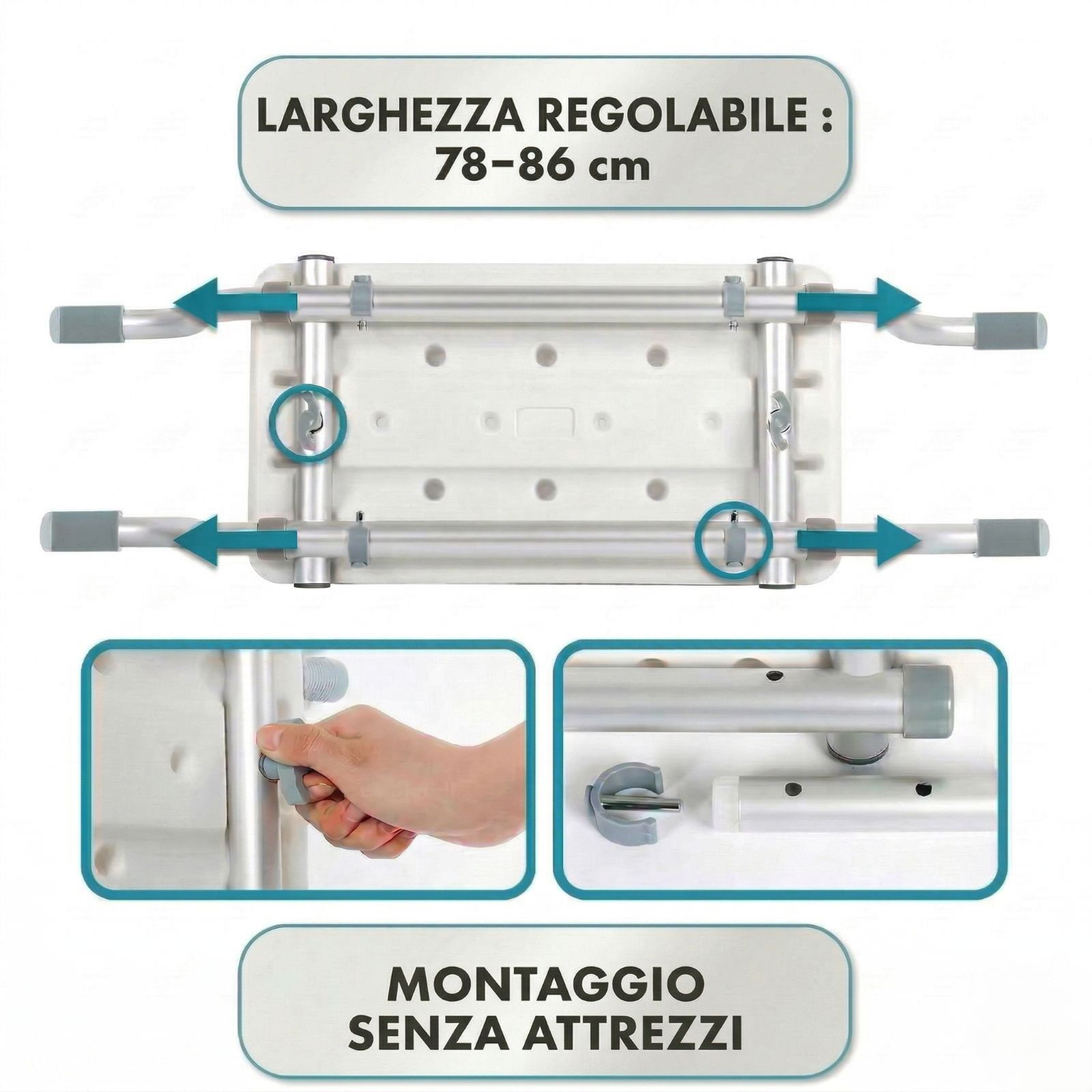 Sedile vasca, capacità di carico fino a 100 kg. Con fori di drenaggio. In vasca.