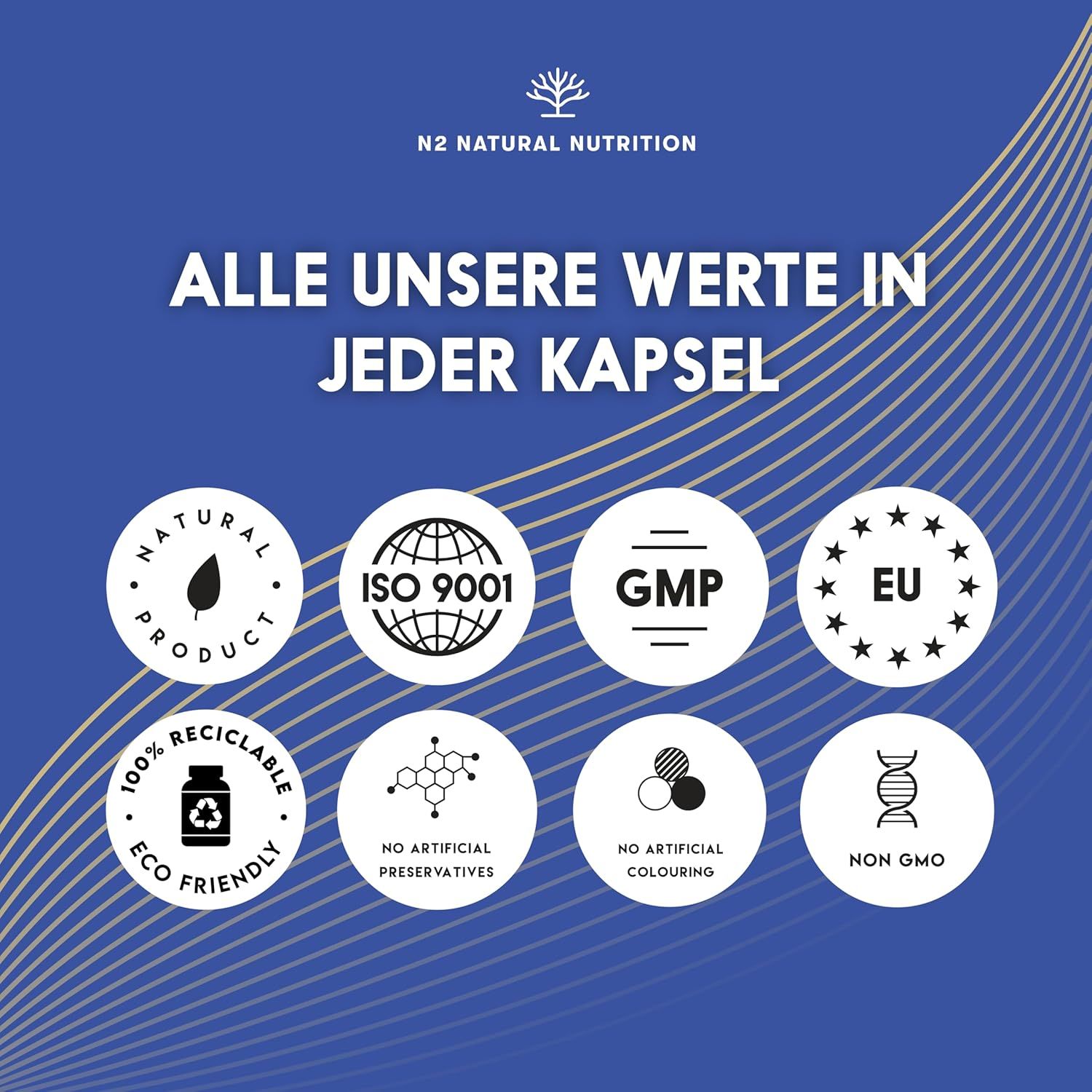 Loghi circolari. Prodotto naturale, ISO 9001, GMP, UE, 100% riciclabile, Eco Friendly, senza conservanti artificiali.