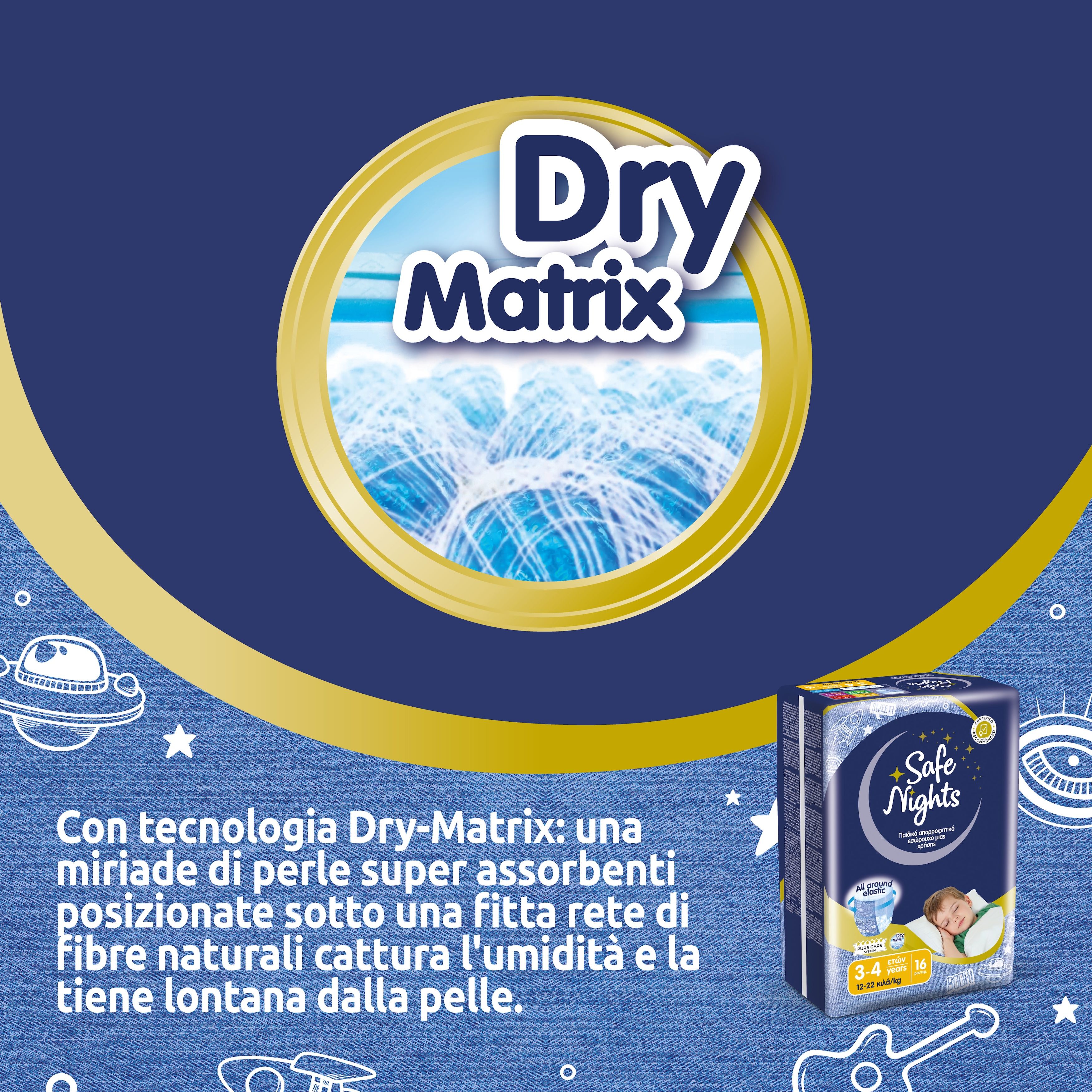 Confezione di pannolini Safe Nights con grafica tecnologia "Dry Matrix".