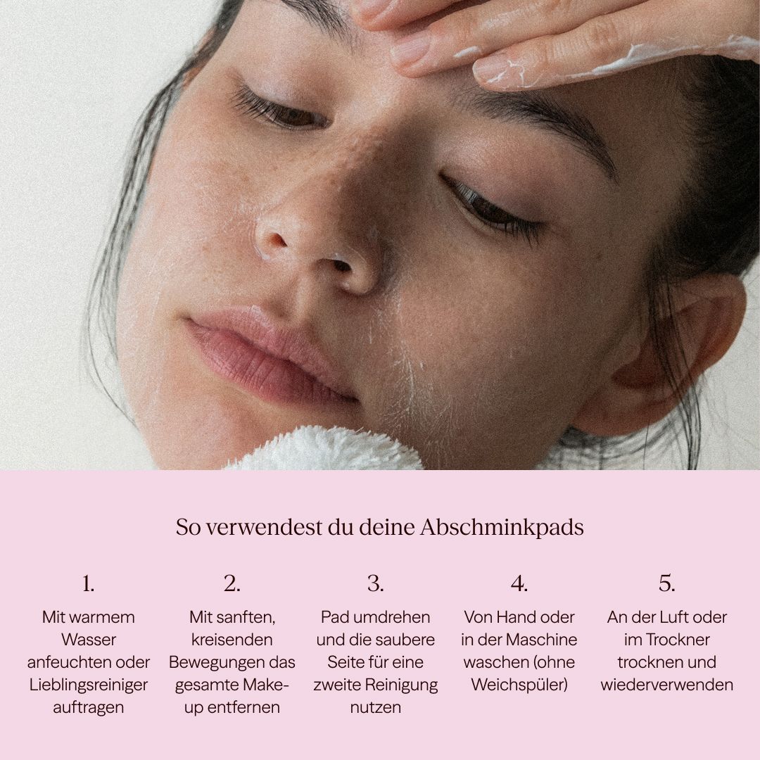 Donna che si pulisce il viso con un dischetto struccante. Istruzioni: inumidire, cerchiare, girare, lavare, asciugare.