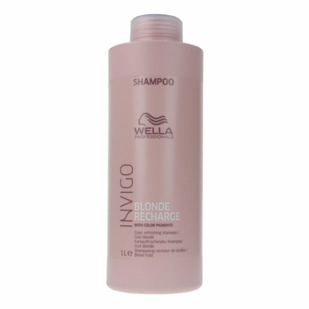 Flacone di shampoo rosa con INVIGO, BLONDE RECHARGE, Wella Professionals. Testo: Color refreshing shampoo. 1l.