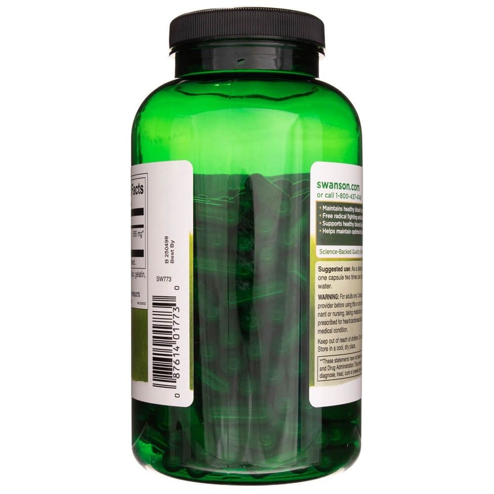Barattolo verde di capsule di biancospino Swanson, retro con codice a barre e informazioni sul prodotto.