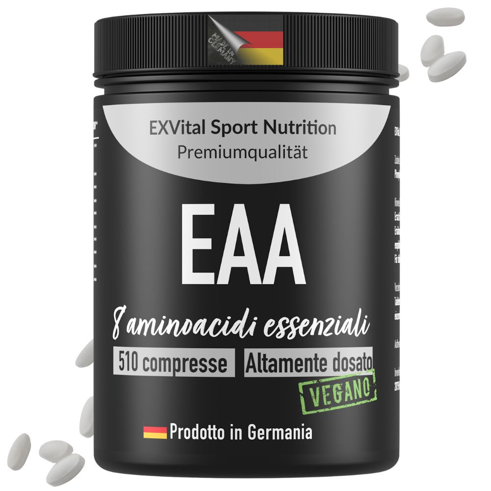 Contenitore nero EXVital EAA 8 aminoacidi essenziali, 510 compresse vegane. Prodotto in Germania.