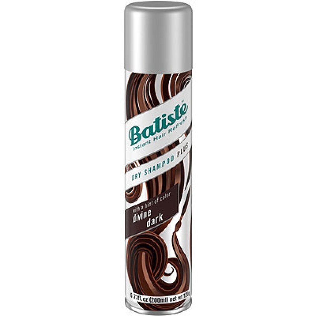 Batiste Shampoo Secco Dark. Flacone con riccioli marroni e testo. Tappo argentato.