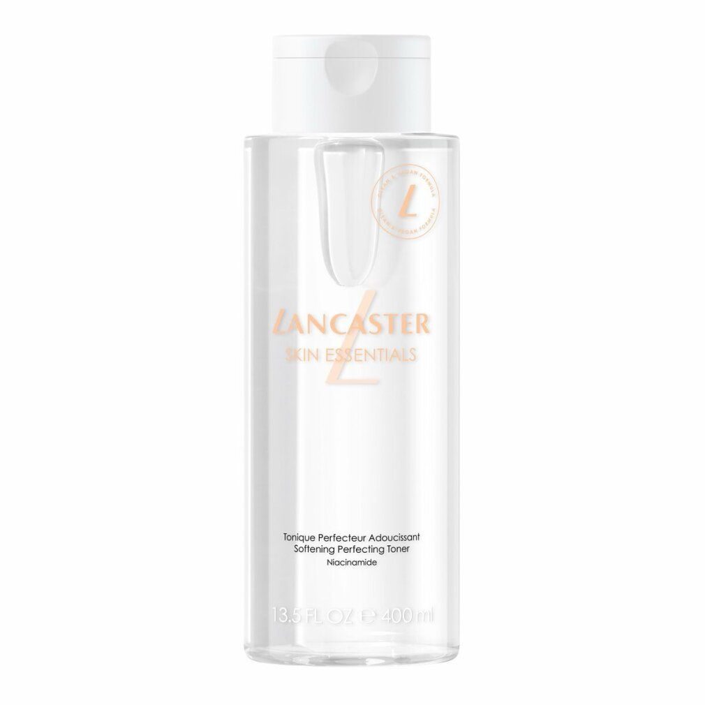 Flacone trasparente con tappo bianco. Scritta: Lancaster, Skin Essentials, Softening Perfecting Toner. Con logo.