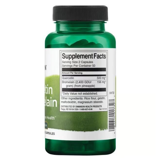 Flacone verde con tappo nero. Retro con informazioni nutrizionali: Quercetina, Bromelina.