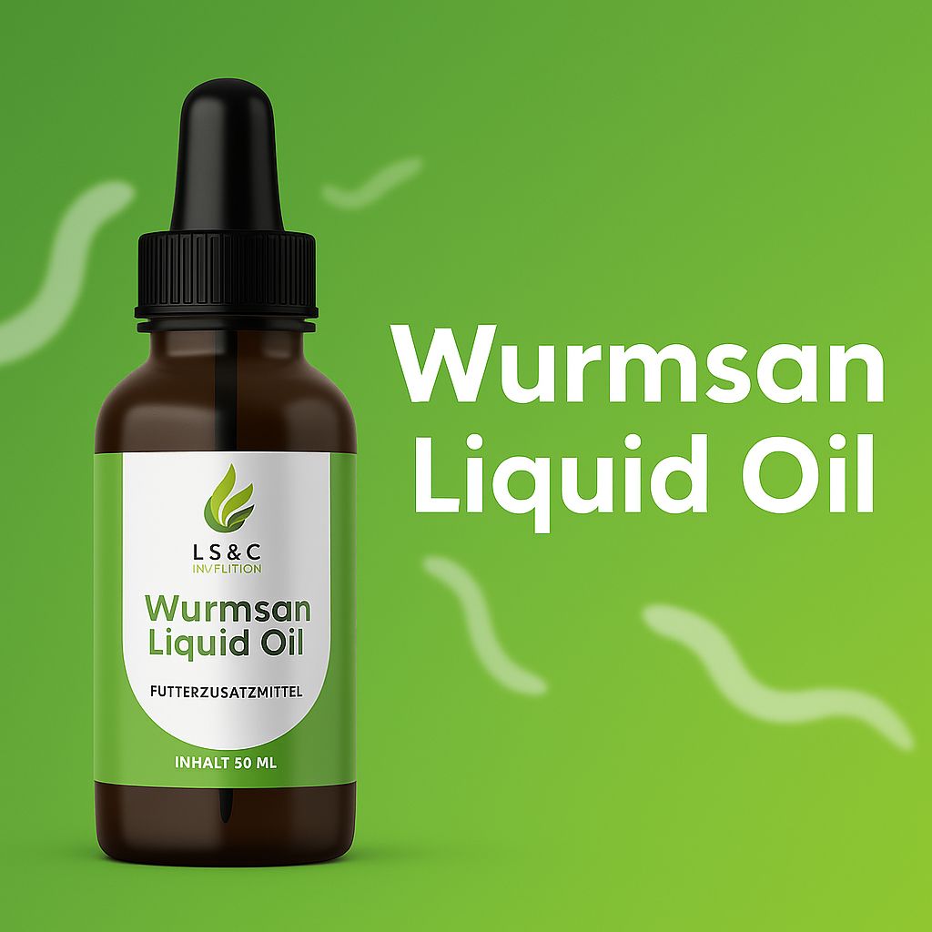 Flacone di vetro marrone con contagocce. Etichetta con LS&C Nutrition, Wurmsan Liquid Oil e integratore alimentare. Sfondo verde con linee bianche.