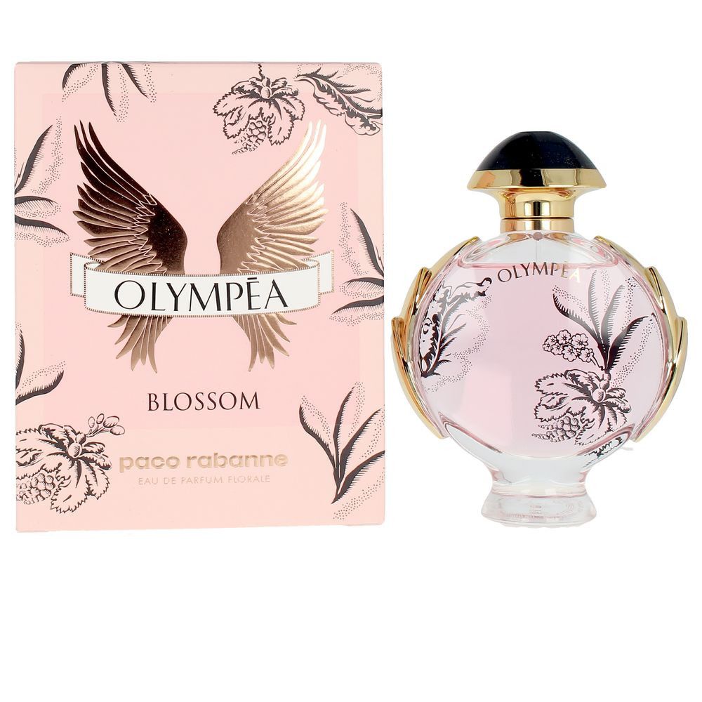Flacone di profumo e confezione. Flacone rosa con dettagli dorati. Confezione con motivo ad ali e scritta Olympéa Blossom.