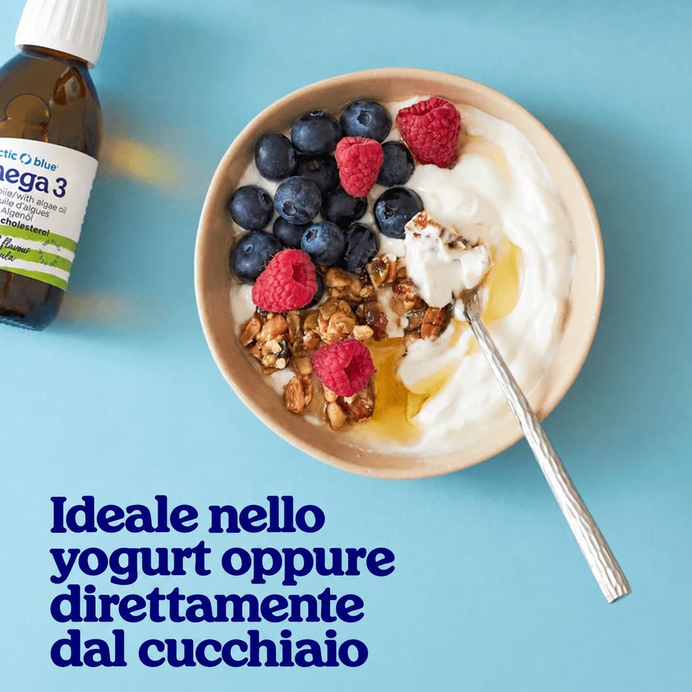 Flacone di olio di alghe Arctic Blue Omega 3, 250 mg DHA, 2000 mg ALA. Certificazione vegan.