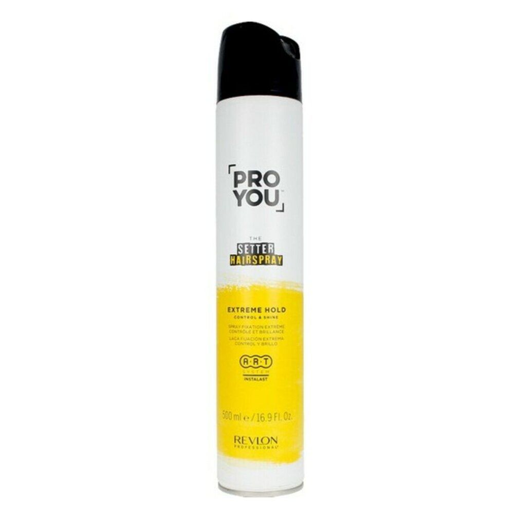 Bomboletta spray per capelli bianca e nera. Scritta: PRO YOU, THE SETTER HAIRSPRAY, EXTREME HOLD. Marchio: Revlon.